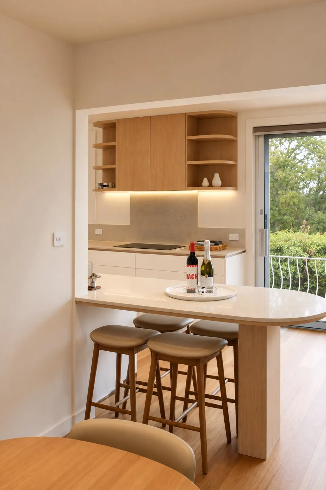 Breakfast bar beside sliding doors